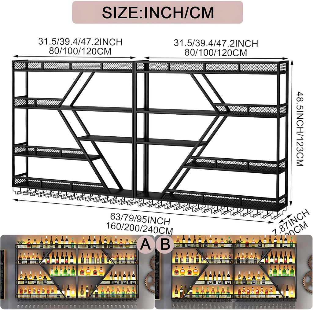 63in Metal Wine Rack Wall Mounted, Modern Wine Storage Rack Wall Mounted with Wine Glass Holder, Liquor Shelf, Bar Shelves for Liquor Bottles (4 Tiers Black, 63 * 7.87 * 48.5INCH)