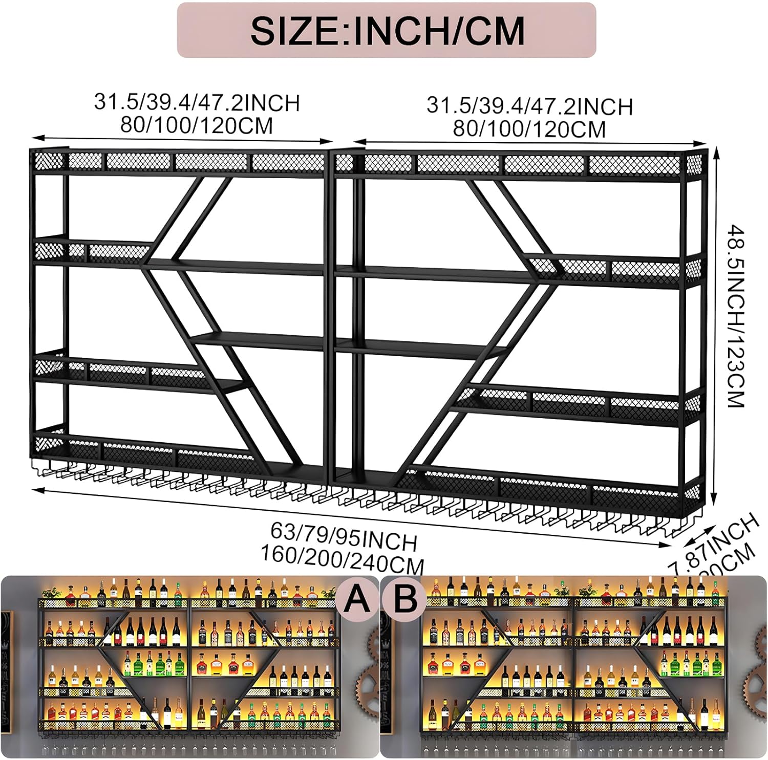 79inch Metal Wine Rack Wall Mounted, Modern Wine Storage Rack Wall Mounted with Wine Glass Holder, Liquor Shelf, Bar Shelves for Liquor Bottles (4 Tiers Black, 79 * 7.87 * 48.5INCH)