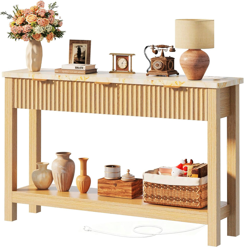 HUAHUU 47.2" Fluted Console Table with 3 Drawers, Long Sofa Table with S...