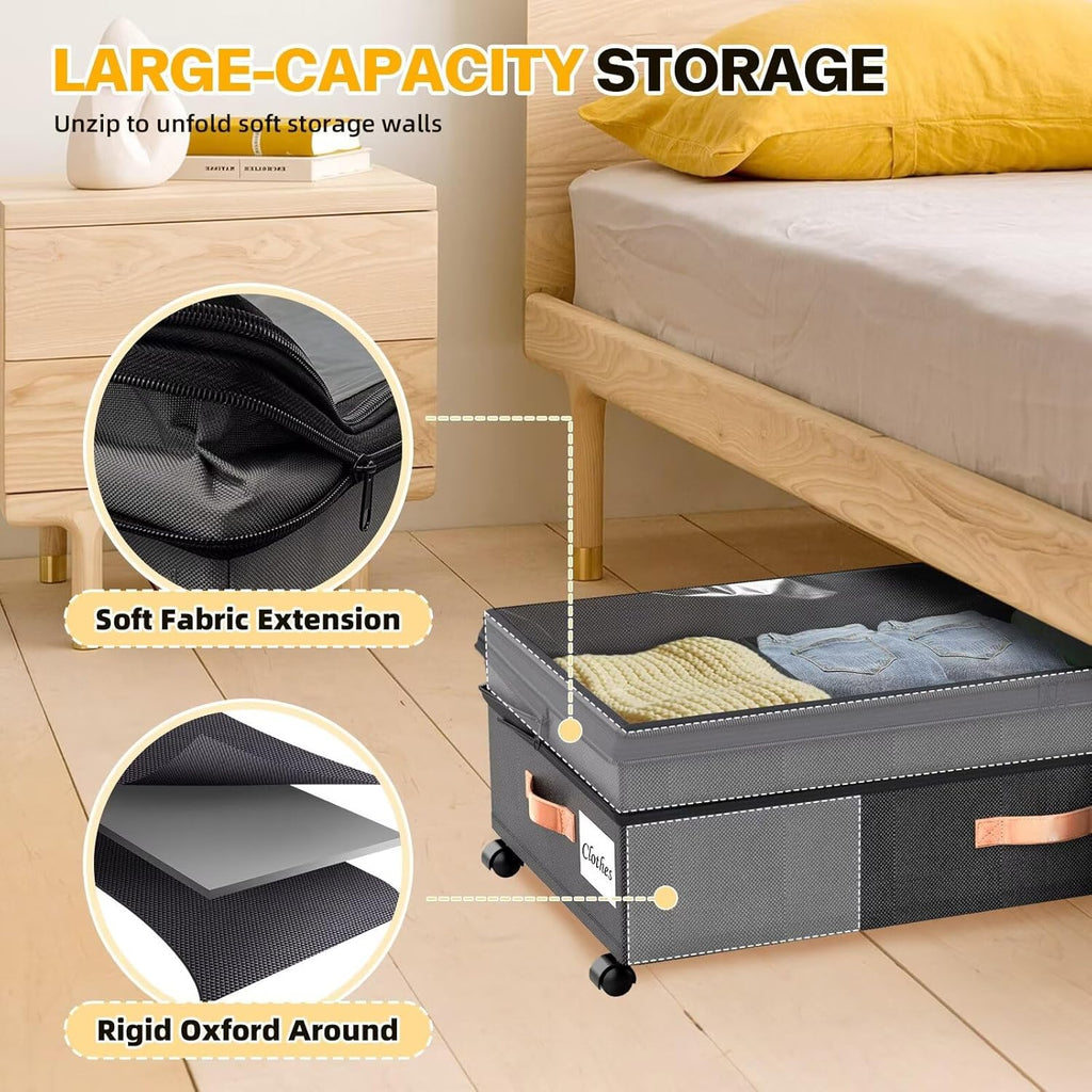 Under Bed Storage with Wheels, 2 Pack XXL Rolling Storage Containers, 10'' Adjustable Underbed Organizer with Lids for Clothes Blankets Shoes, Black