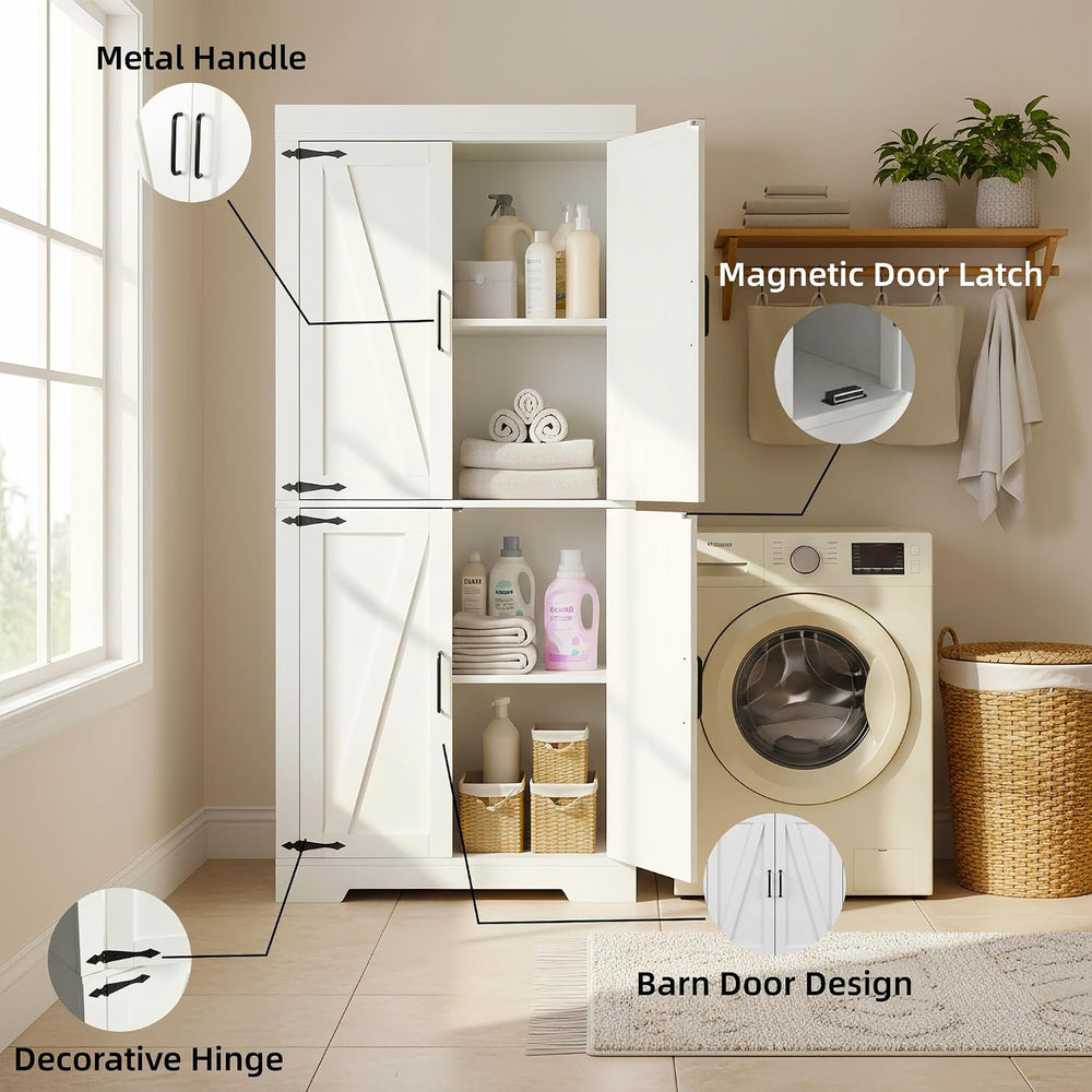 Homy Casa Farmhouse Kitchen Pantry Storage Cabinet, White Barn Door, 4-Door a...