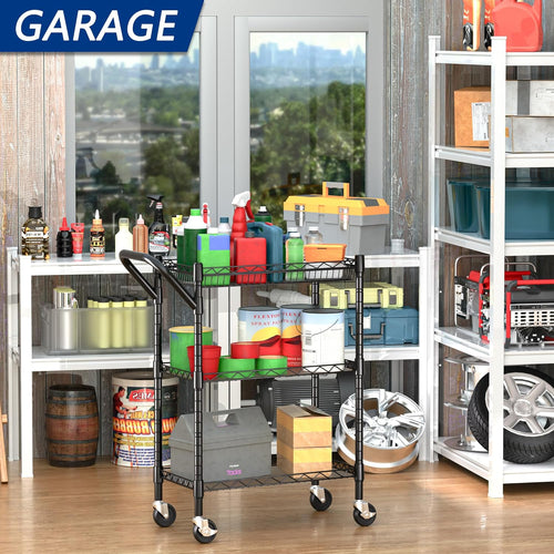 3 Tier Heavy Duty Rolling Utility Cart,18" D x 23.8" W x 36.6" H Rolling Carts with Wheels,Commercial Grade Metal with Handle Bar & Shelf Liner,Trolley Serving Storage Cart for Kitchen Black