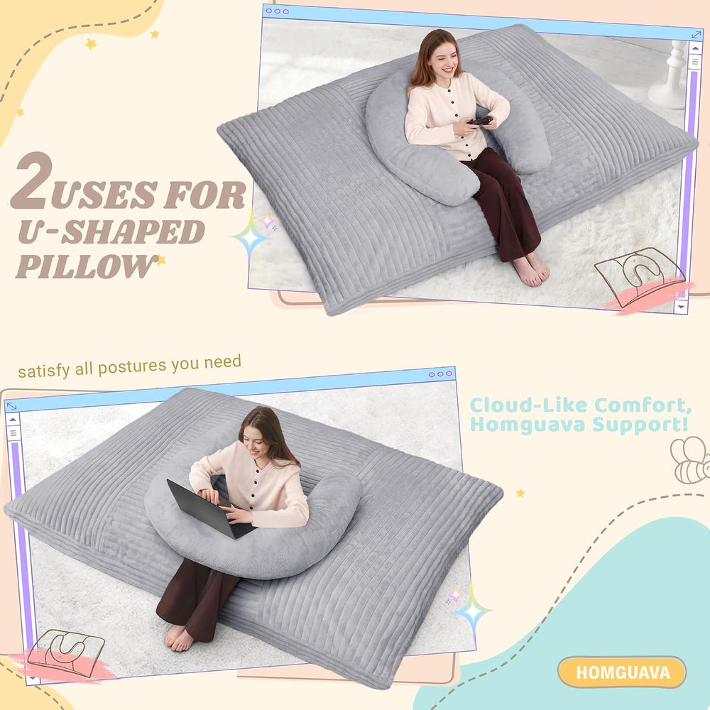 Homguava Giant Bean Bag Chair for Adults with Pillow, 4 in 1 Convertible Floo...