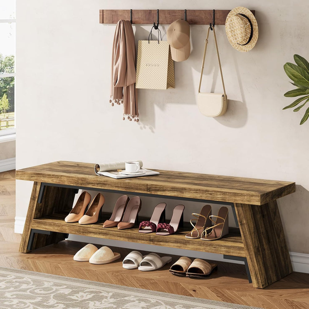 47 inch Entryway Bench, Wood Entry Bench for Shoe Storage, 2-Tier Modern Farm...