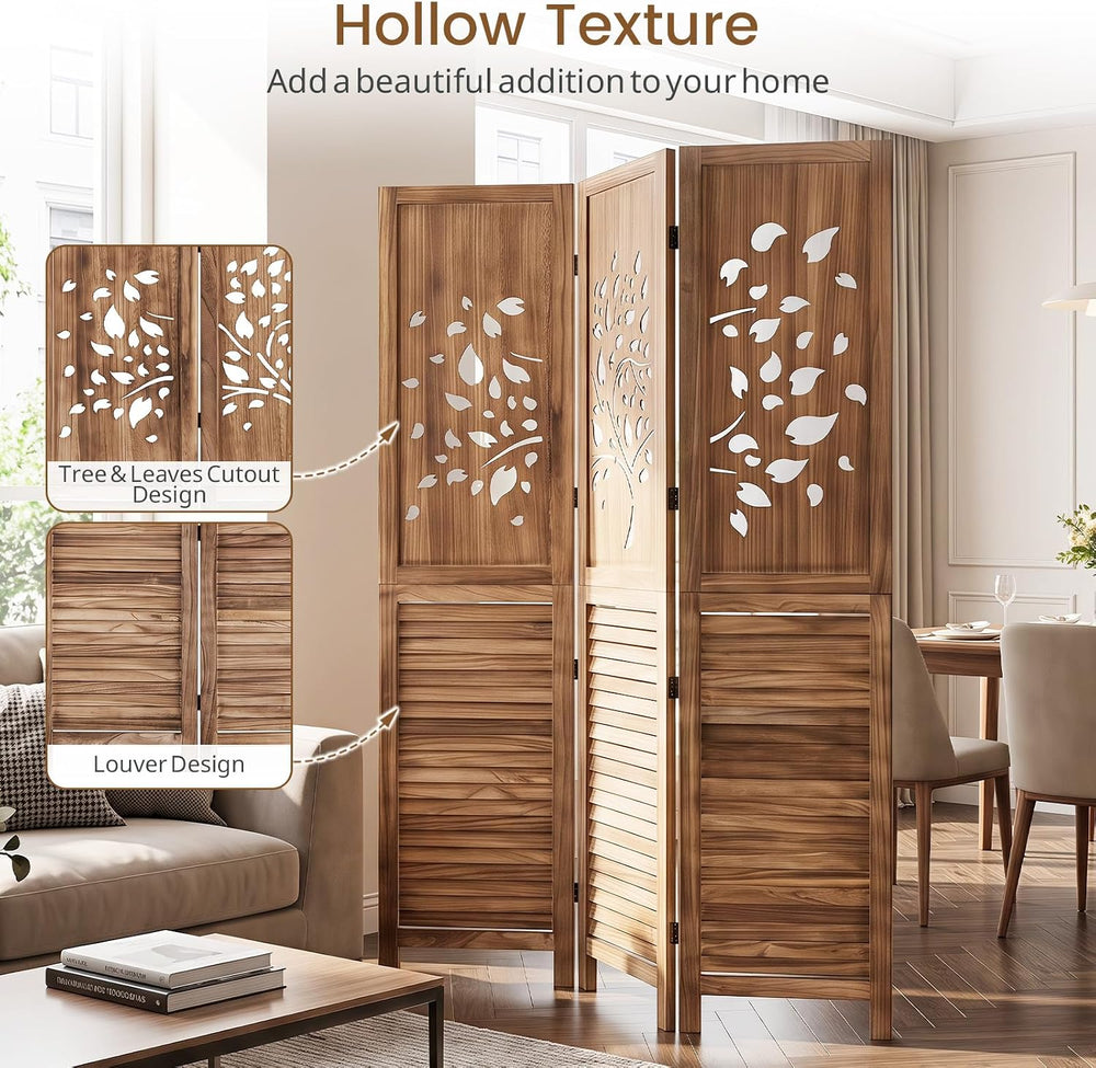 GIANTEX 3 Panel Folding Room Divider with Tree Leaf Cutout & Louvered Slats