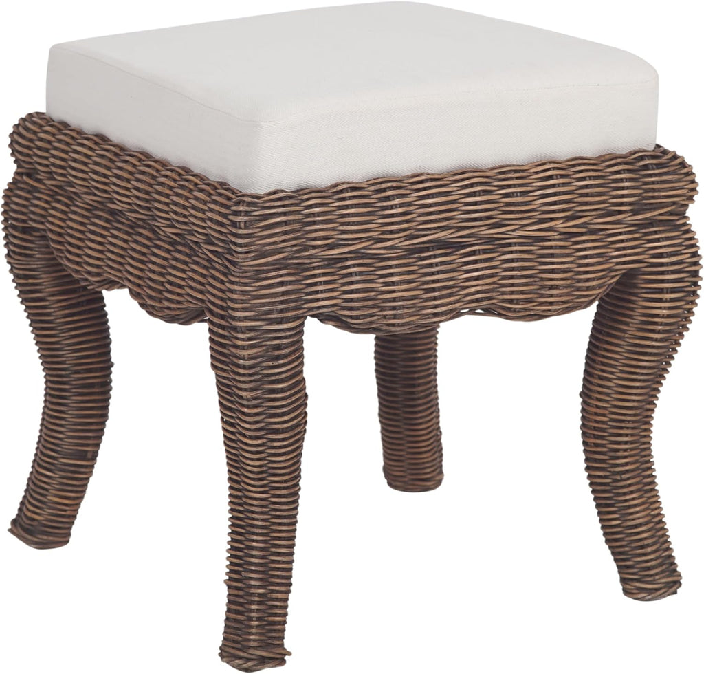 JONATHAN Y Rowan 19.7" Coastal Woven Rattan Vanity Stool, Black Wash | Bohemian Art Deco Accent, White Padded Upholstered Seat, Solid Mango Wood Base, Supports Up To 225 Pounds