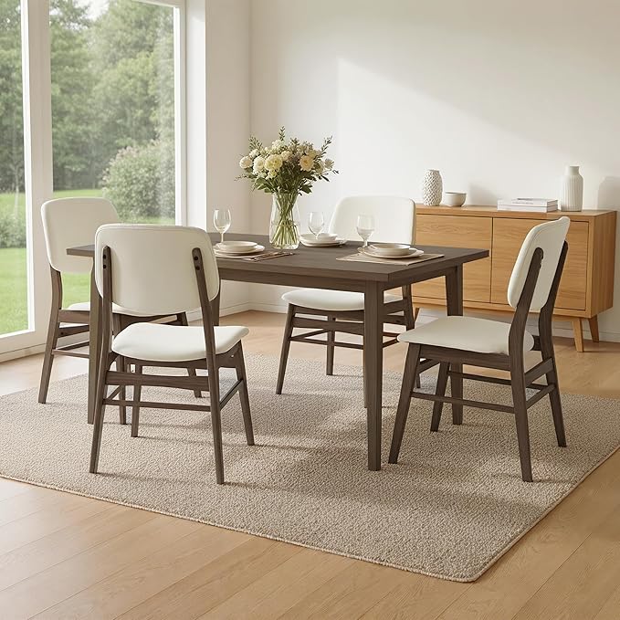 Wooden Dining Chairs Set of 4, Upholstered Modern Dining Room Chairs, Mid Century Solid Oak Wood Kitchen Chairs for Living Room, Restaurant, Farmhouse (Cream Fabric & Walnut Color)