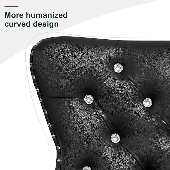 SyMax Dining Chairs Set of 4, Faux Leather Wingback Upholstered Dining Room Chairs with Diamond and Nailhead, Mid Century Modern Tufted Kitchen Chairs with Wood Legs, Black