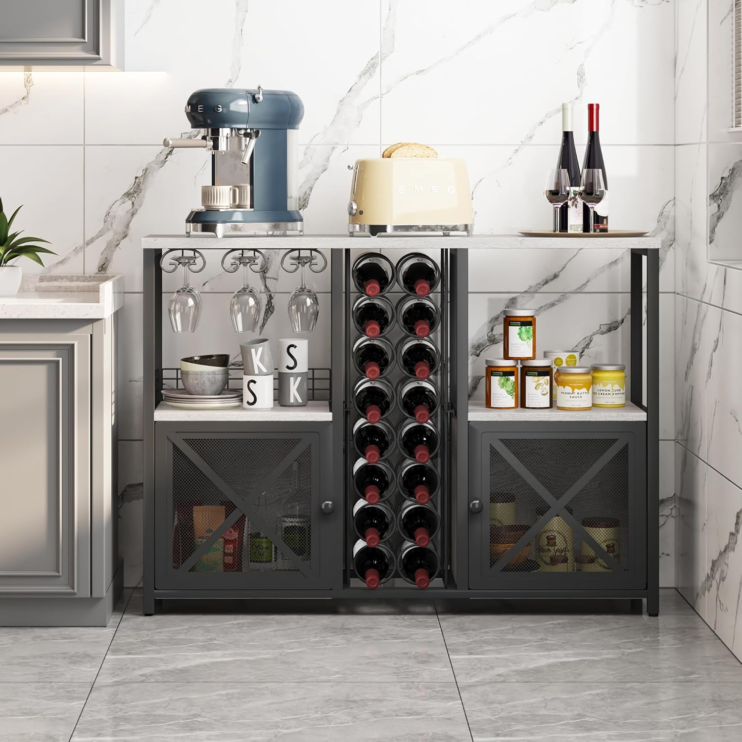 Homeiju Mini Bars for Home, Wooden Coffee Bar Cabinet, Modern Liquor Cabinet for Liquor and Glasses, Farmhouse Buffet Wine Bar Cabinet with Storage Sideboard for Home Kitchen Dining Room (Light Grey)