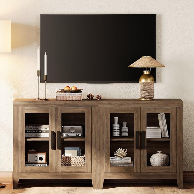 WAMPAT Farmhouse TV Stand for TVs up to 65”, Rustic Wood Entertainment Center with Adjustable Shelf, Glass Doors & Storage, Media Console Cabinet for Living-Room, Bedroom, Brown