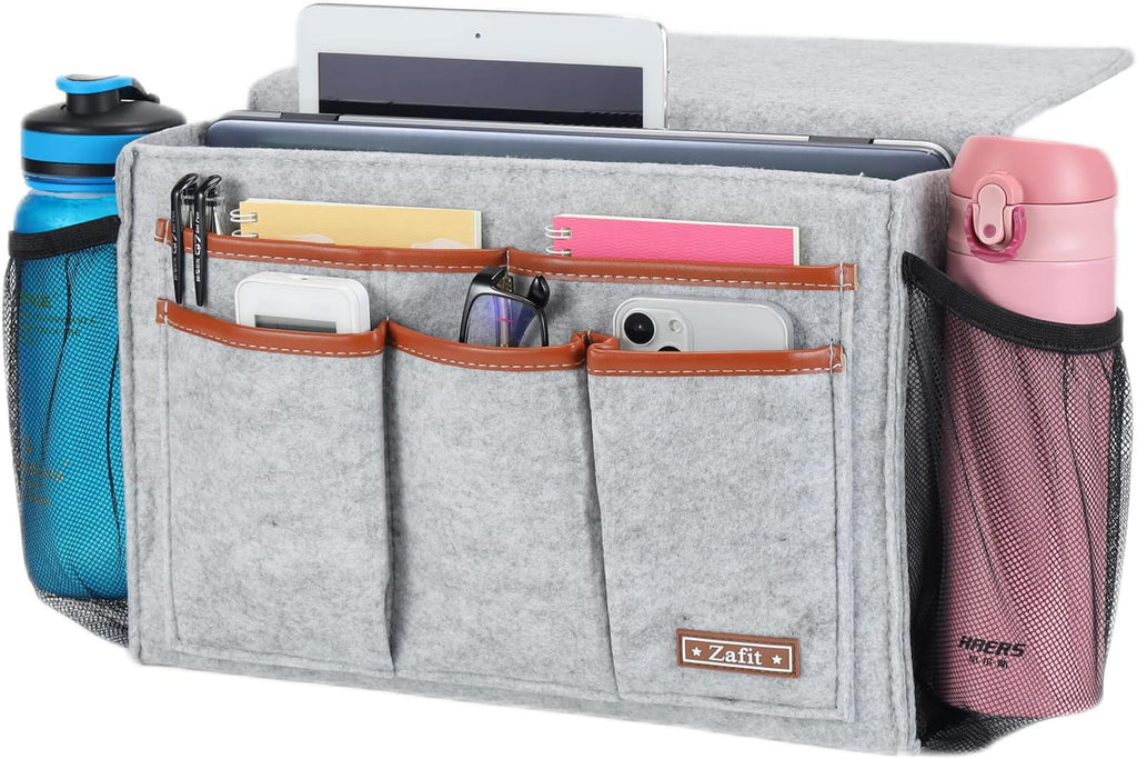 Bedside Caddy, Large Size Bedside Storage Organizer Bedside Organizer Caddy for Magazine Remotes Phone (13.4'' x 18.1'' Plus Size, Light Grey)