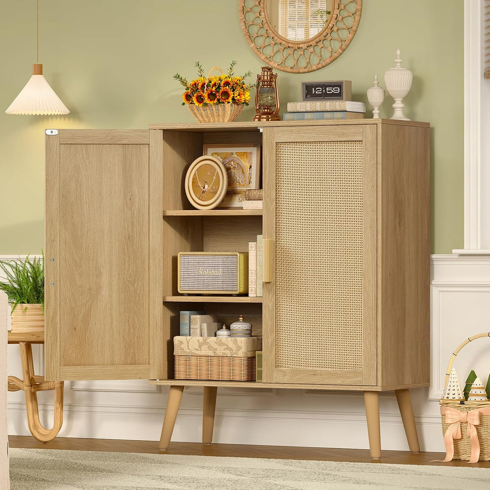Iwell Storage Cabinet with 2 Shelves, Rattan Cabinet with 2 Doors, Sideboard ...