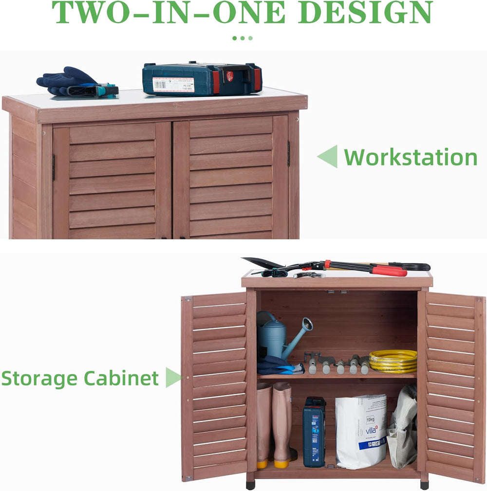 Outdoor Potting Bench with Storage Cabinet and Metal Top, Wood Workstation fo...