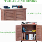 Outdoor Potting Bench with Storage Cabinet and Metal Top, Wood Workstation for Outdoor Patio, Garden (Dark Brown, 31x17x36‘’)