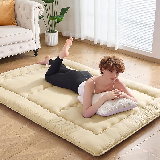 Japanese Floor Futon Mattress Twin Size, 25D High Density Support Foam, 4" Thicken Foldable Mattress Tatami Mat Sleeping Pad Suitable for Camping, Guest Room, Designed in Japan (Beige 39"x 80")