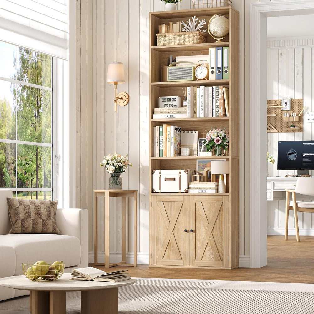 FACBOTALL 82" Tall Bookcase, Farmhouse Bookshelf with Doors,Light Oak