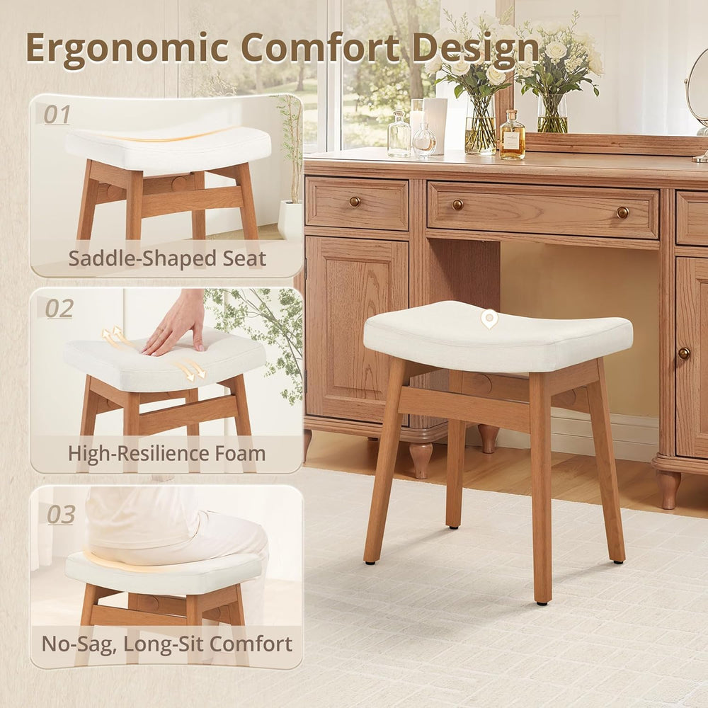 LUE BONA Vanity Saddle Stool with Wood Legs, 17.3" H Compact Makeup Stoo...