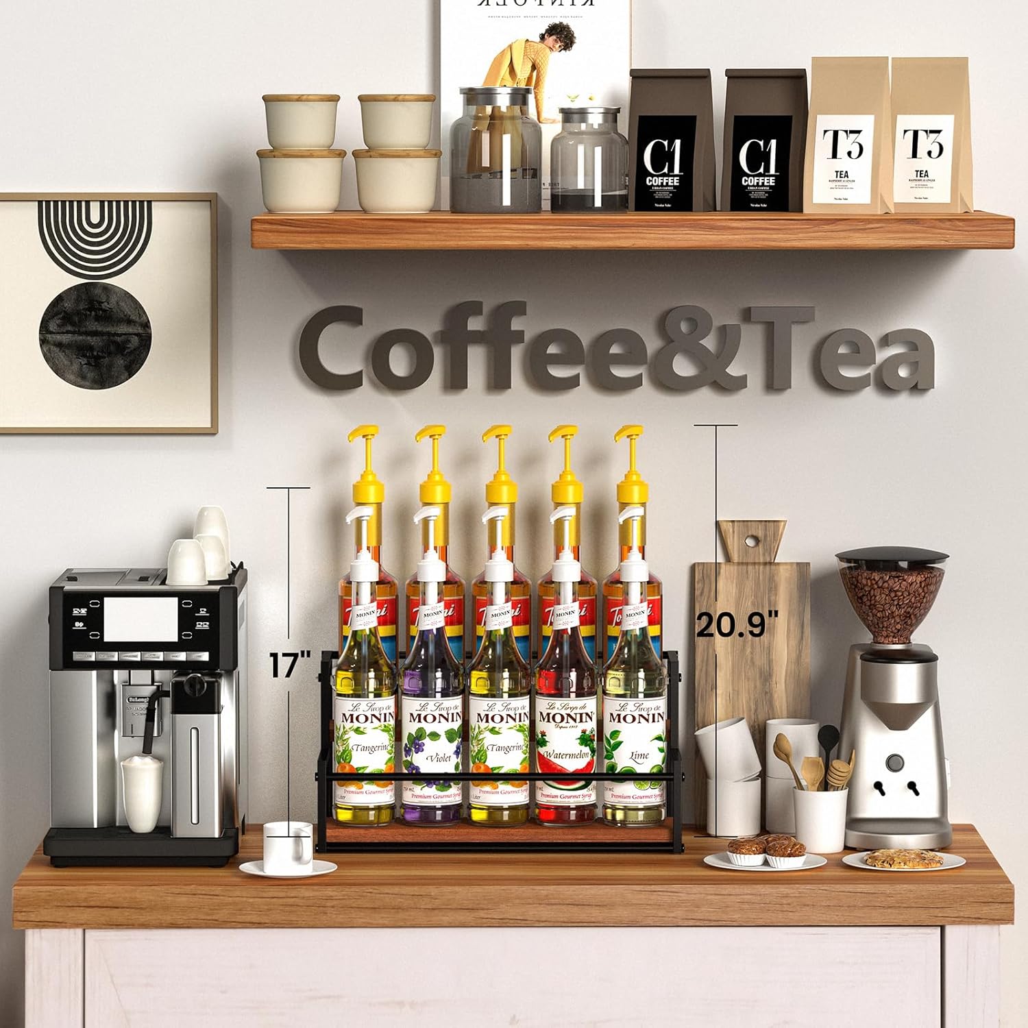 THYGIFTREE Coffee Syrup Rack Organizer 2-Tier 10 Syrup Bottles Holder Stand Metal with Wood Base for Coffee Bar Storage Shelves for Kitchen Countertop Matte Black