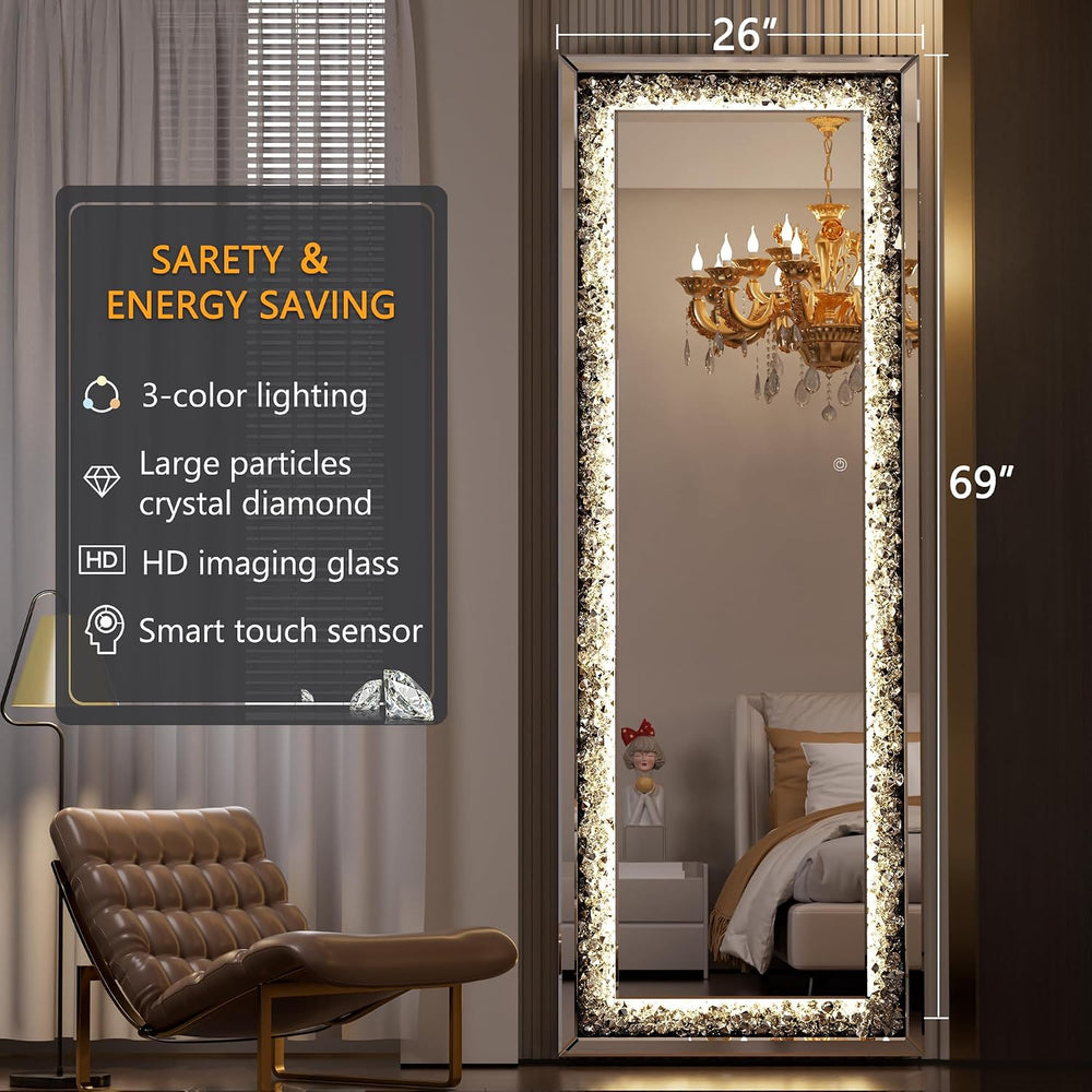 Hasipu Full-Length Mirror 69”×26” with Lights and Crystal Crush Diamond, Wall...
