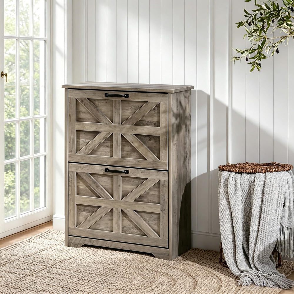 Shoe Cabinet with 2 Flip Drawers, Farmhouse Shoe Storage for Entryway, Wooden...
