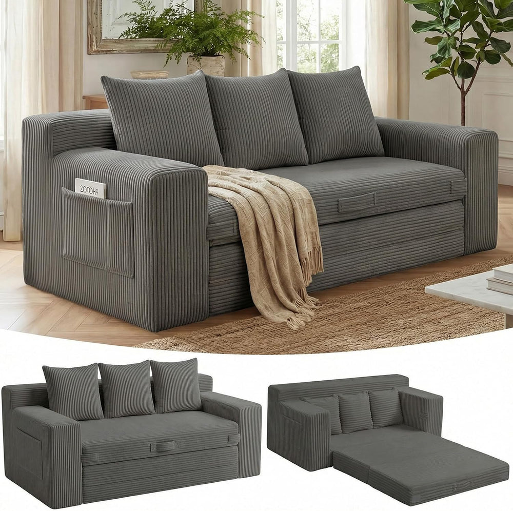 Couch,3 Seater Couch Bed – 3-in-1 Convertible Sleeper Sofa with Side Pockets ...