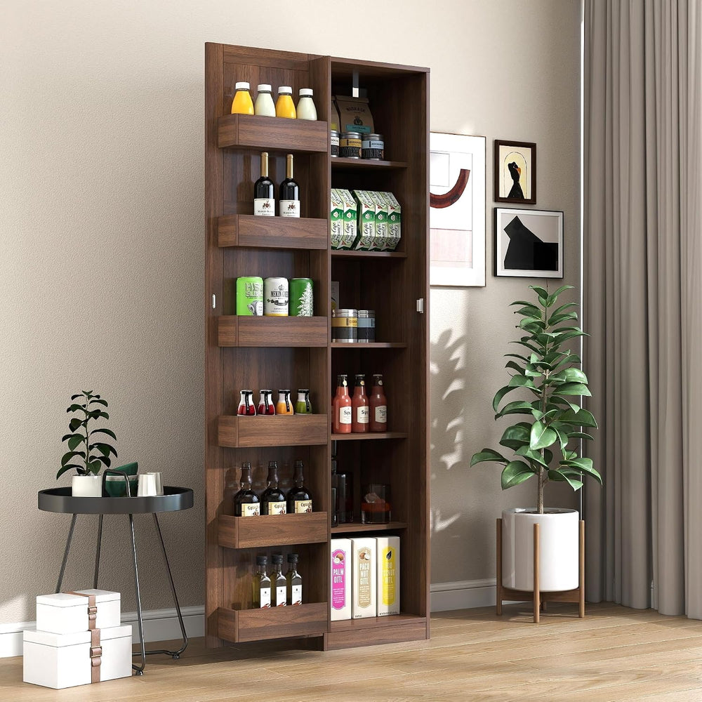 70" Tall Slim Pantry Cabinet with Side Racks & Adjustable Shelves (W...