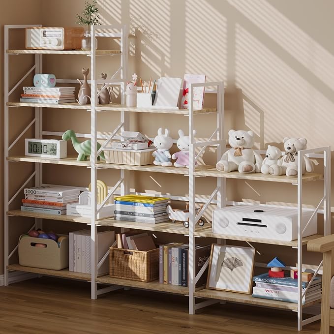 JSB No Assembly Folding Bookshelf, 3 Tier Industrial Metal Book Shelf for Sto...