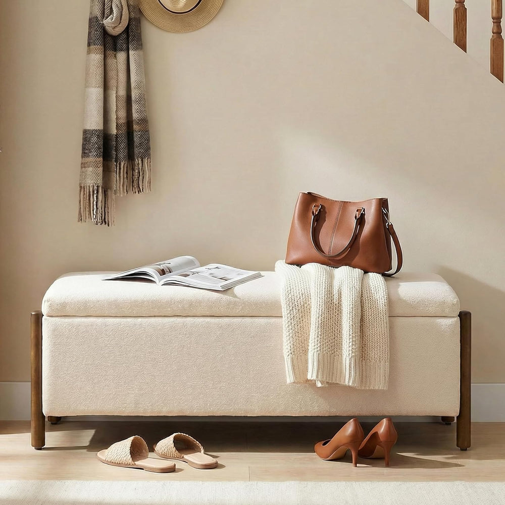 Usaint 47" Fabric Upholstered End of Bed Storage Ottoman Bench, Beige | ...