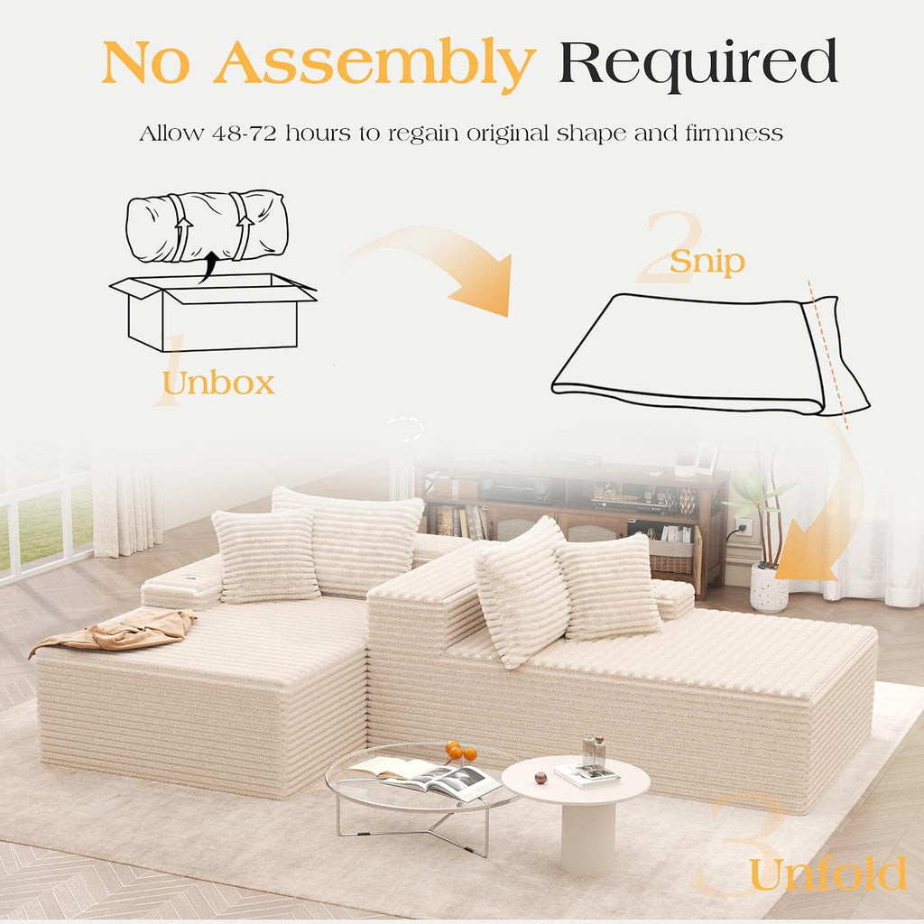 85 Inch Double Chaise Lounge Chair Indoor, Oversized Corduroy Upholstered Boneless Sofa Bed, Deep Seat Sleeper Couch Reading Chairs Cloud Sofas for Living Room, No Assembly Required, Beige