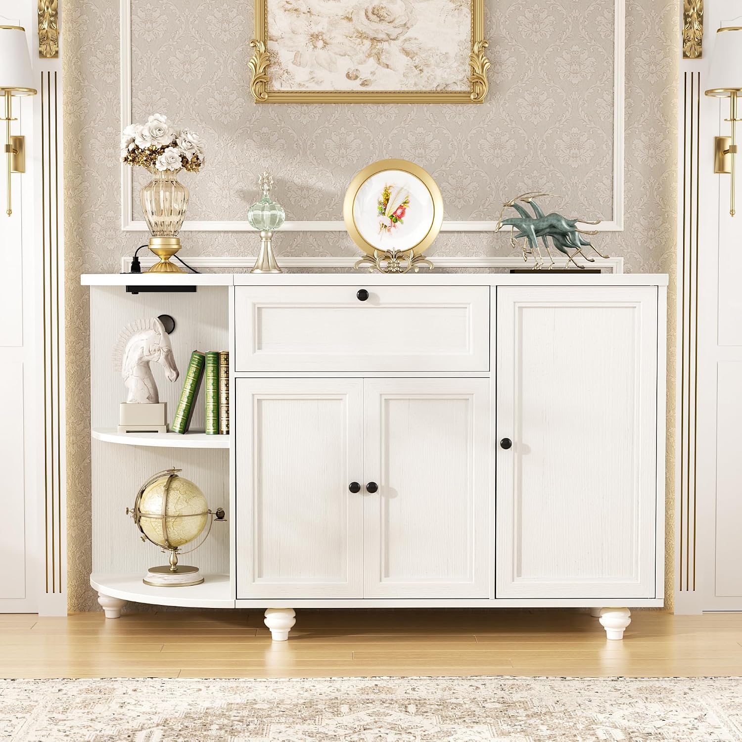 55" White Freestanding Coffee Bar Cabinet with Charging Station, Wine Rack, Drawer, Modern Liquor Wine Cabinet Home Mini Bar Sideboard Buffet Cabinet for Kitchen Dining Living Room Small Space