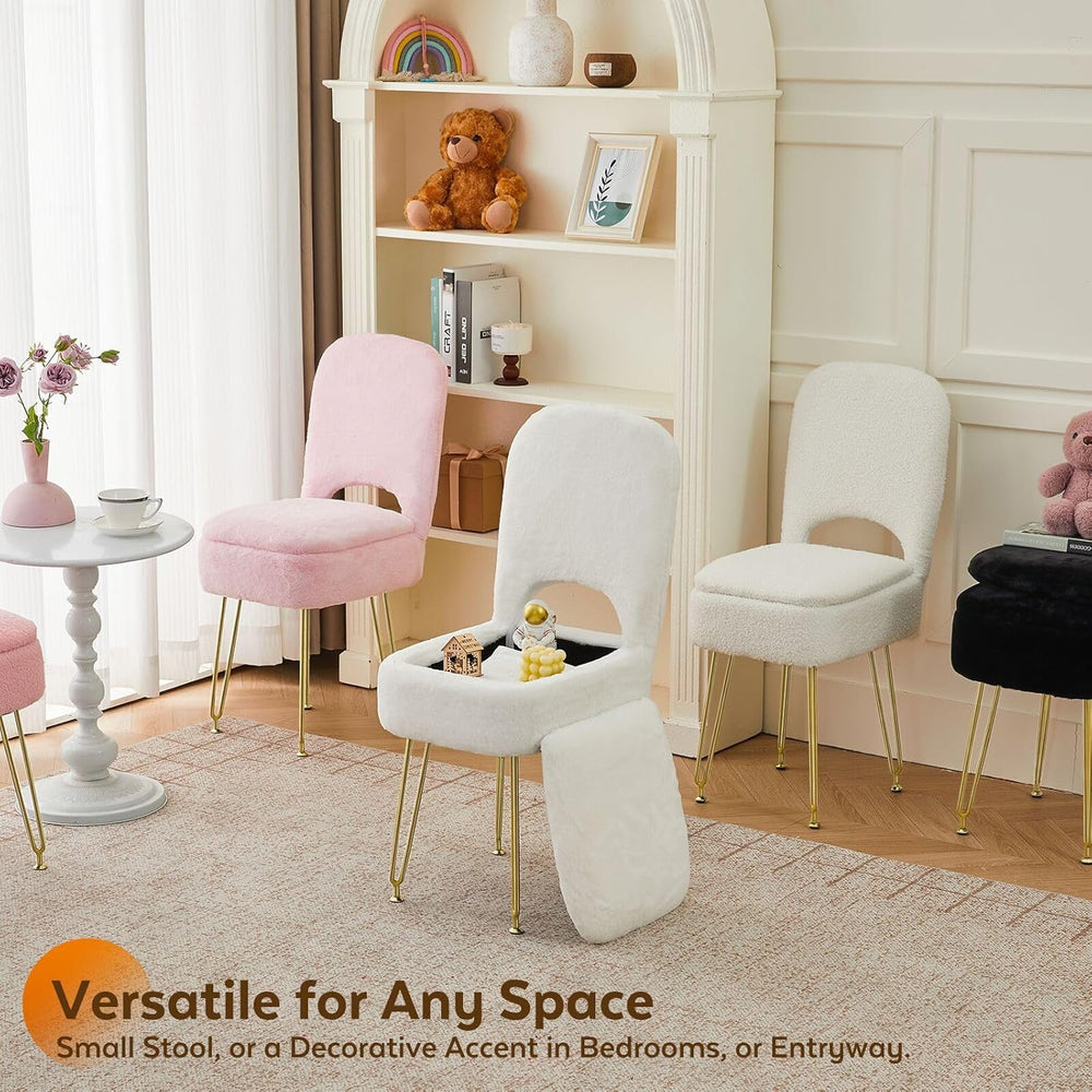 BRIAN & DANY Vanity Chair with Storage and Folding Back, Faux Fur Square ...