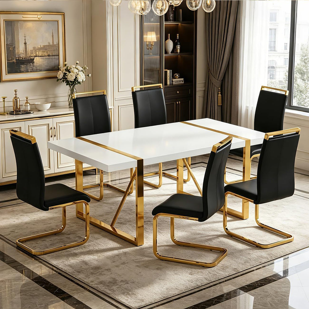 Modern Dining Table Set for 6, 55'' Dining Room Table Set with 6 Faux...