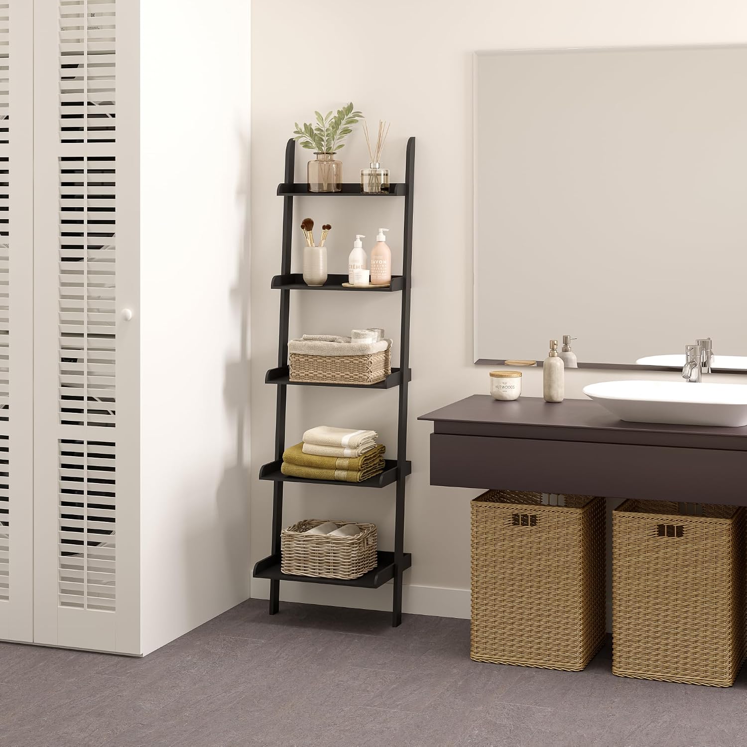 Ballucci 5-Tier Ladder Shelf, Modern 67" Tall Wood Leaning Shelf Organizer for Living Room, Bathroom, Office, Bedroom - Black