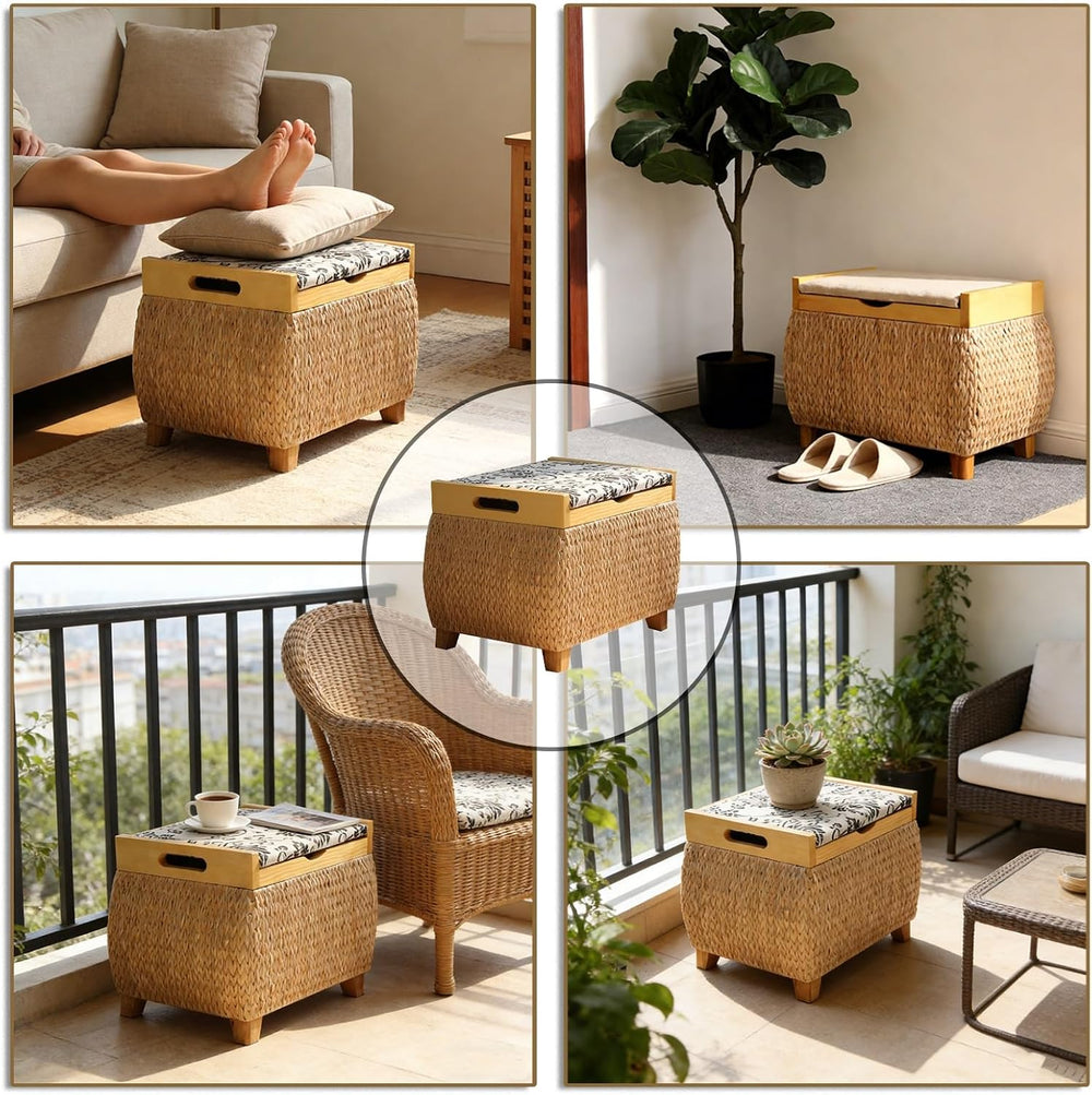 Ottoman with Storage Rattan Woven ，Bench with Padded Seat End of The Bed Entr...