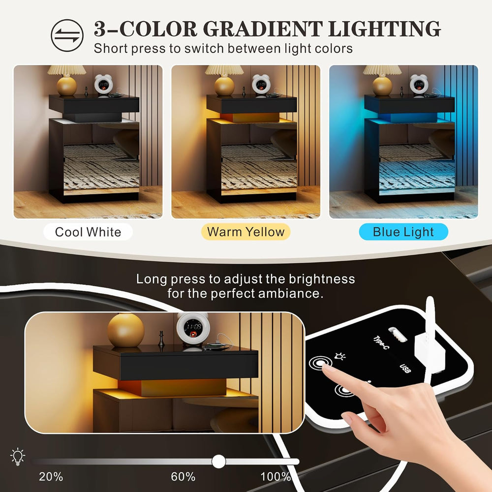 LED Nightstand - Bedside Table with Charging Station and 2 Mirrored Drawers S...