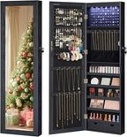 SONGMICS 6 LEDs Mirror Jewelry Cabinet, 47.2-Inch Tall Lockable Wall or Door Mounted Jewelry Armoire Organizer with Mirror, 2 Drawers, Christmas Gift, 3.9 x 14.6 x 47.2 Inches, Black