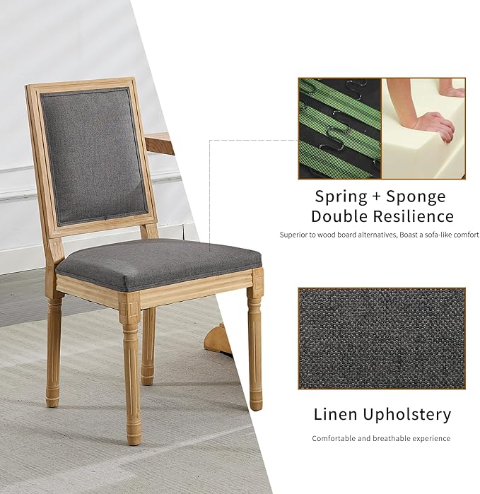 French Country Dining Chairs Set of 6, Gray Kitchen & Dining Room Chairs Set of 6, Linen Upholstered Dining Chairs, Wood Legs, High Back, Sillas De Comedor (Fabric, Grey, 6Pcs)