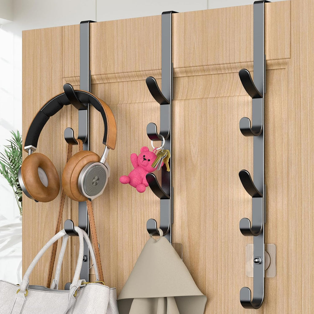 Over The Door Hooks, Metal Door Hooks for Hanging, Over The Door Purse Organizer for Coat Hanger, Back of Shower Door for Hanging Towel Rack Clothes, Hat, Bathroom, Closet (Black-3Packs)