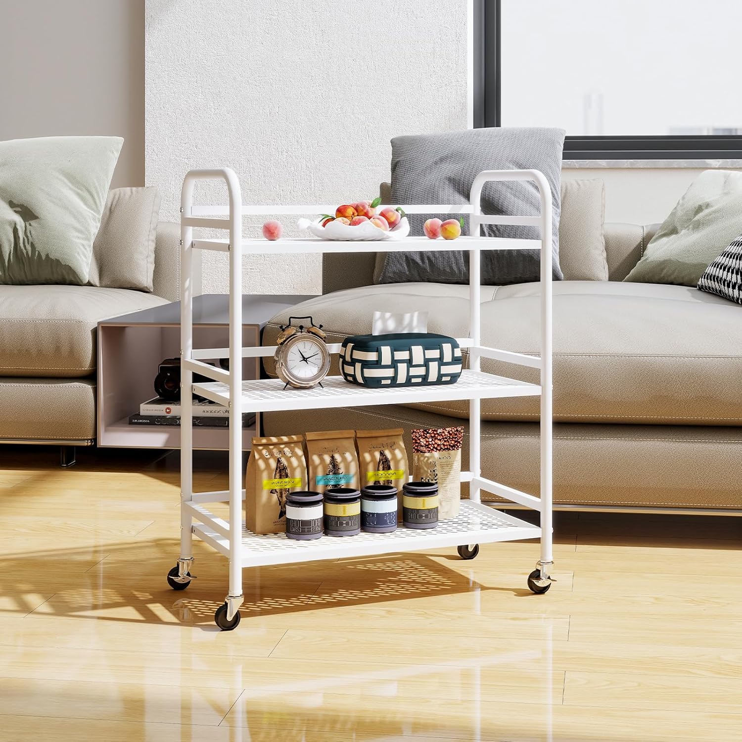 HDANI 3 Tier Metal Rolling Heavy Cart Supports 40 Lbs Per Tier,Mesh Rolling Cart with 2 Lockable Wheels for Office,Home,Bedroom,Kitchen,Bathroom(White)