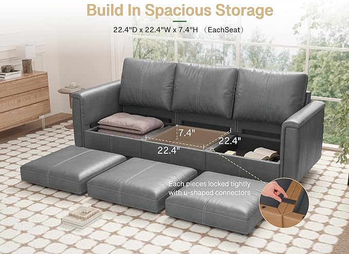 SITJOY 91" Faux Leather Modular Sectional Sofa with Storage, Mid Century Modern Sectional Couches for Living Room, Soft Padded Armrests, 3 Seater Couch, Gray