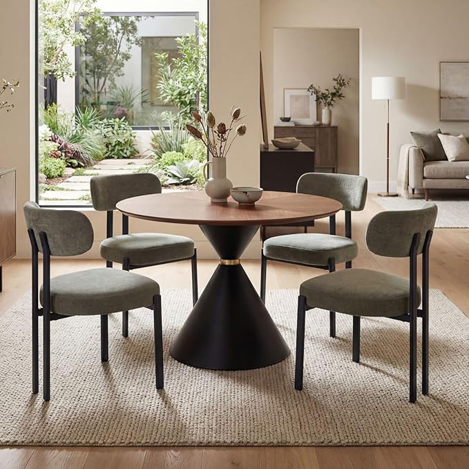 LukeAlon Chenille Dining Chairs Set of 4, Modern Upholstered Armless Kitchen Chairs with Black Metal Legs Curved Back Dining Room Chairs Reception Chair for Living Room Office, Green