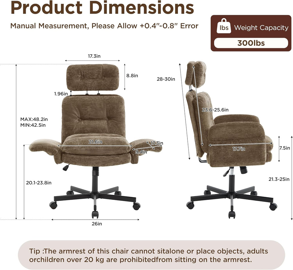 FiveWillowise Criss Cross Chair with Adjustable Arms&Hight Back,Thicken Wide Seat Home Office Chair,Lounge Makeup Vanity Chairs with Side Pockets,Comfy Cross Legged Desk Chair,Chenille Brown
