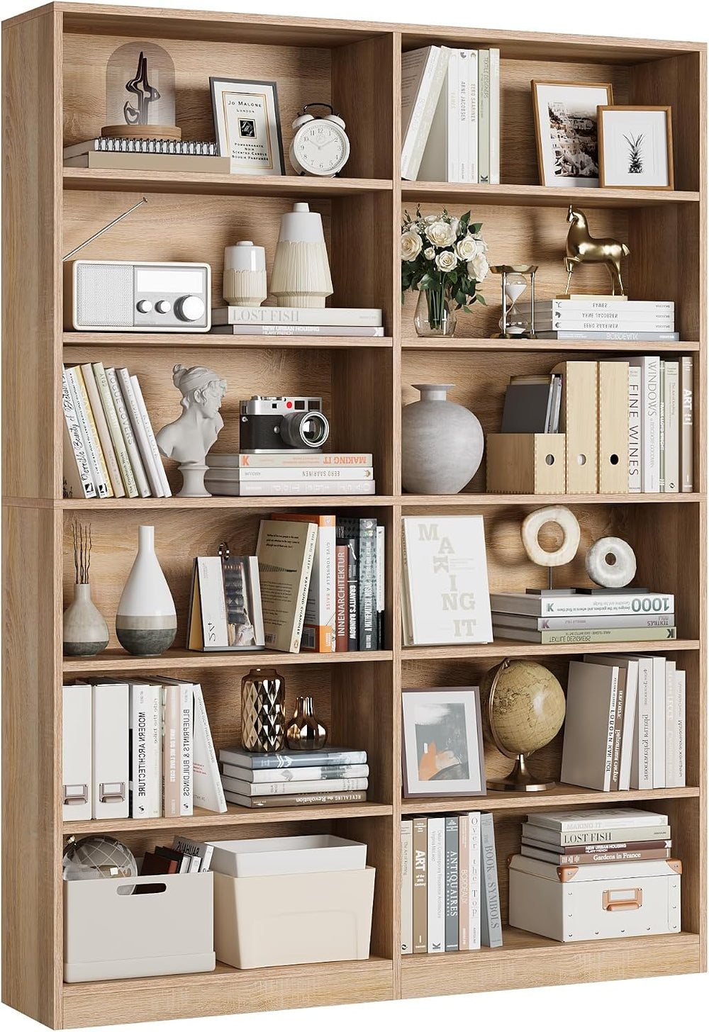 FACBOTALL Bookshelf Tall Bookcase, 6-Tier Double Wide Bookshelves,Light Oak