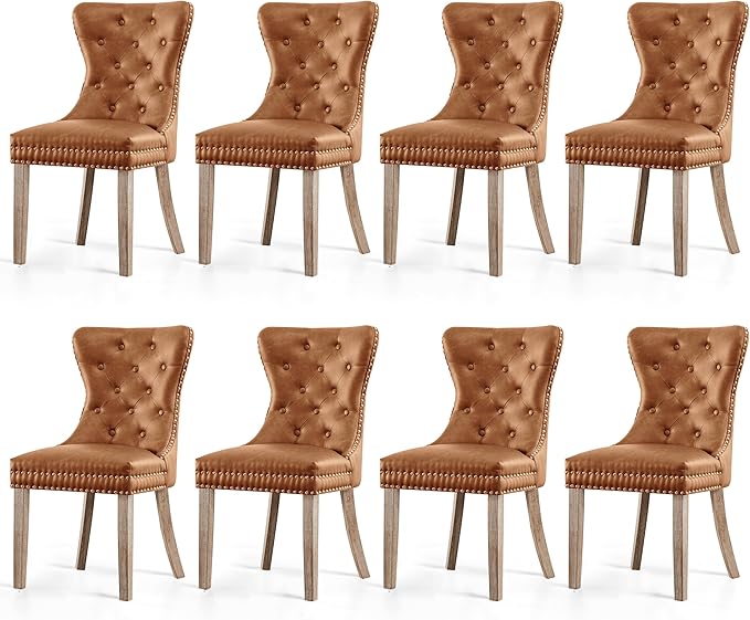 SyMax Dining Chairs Set of 8, Faux Leather Parson Dining Room Chairs, High-End Tufted Kitchen Side Chairs for Bedroom, Living Room, Brown