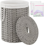 Laundry Basket with Lid Round Rattan Laundry Hamper with Lid and Handles 29.1 Gal (110 L) Handwoven Woven Basket with Removable Bags and 2 Mesh Bags for Bathroom Living Room Gray