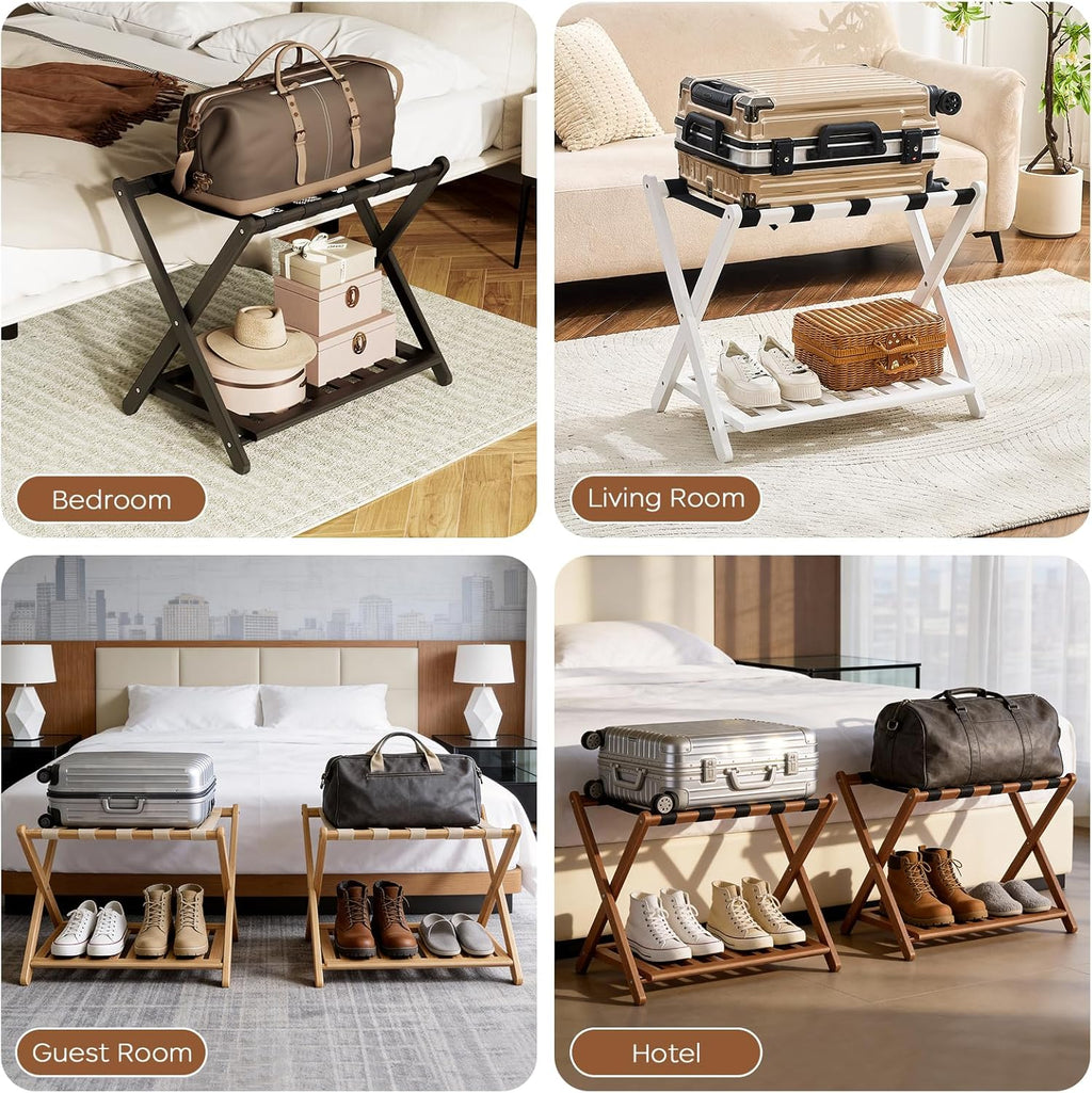 oakvivo Fully Assembled Walnut Luggage Racks Set of 2, Bamboo Luggage Rack Stand for Guest Room, 5 Nylon Straps, 26.77" Folding Suitcase Stand with Storage Shelf for Bedroom Hotel, Holds up to 165 Lbs