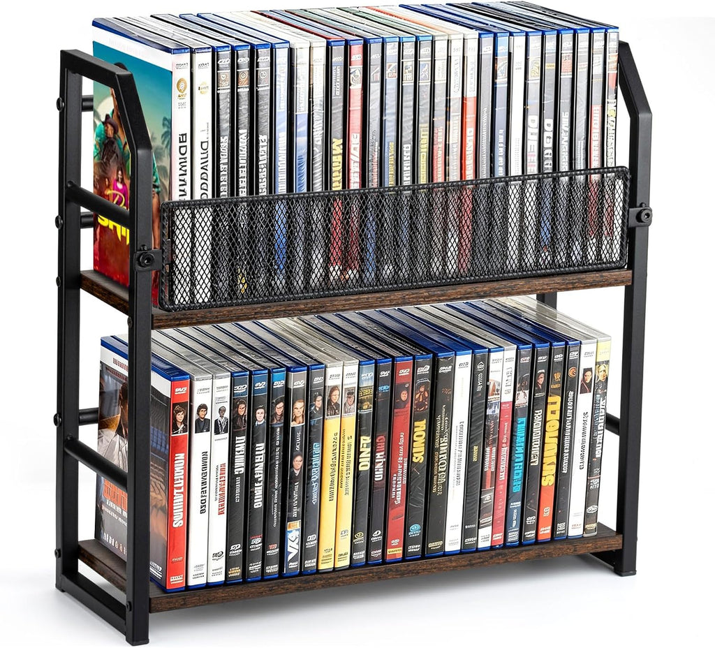 2-Tier DVD Storage Rack, DVD Holder Organizer Shelf, Space Saving Media Storage Stand for DVDs CDs Video Games, Display Organizer for Home Office Living Room