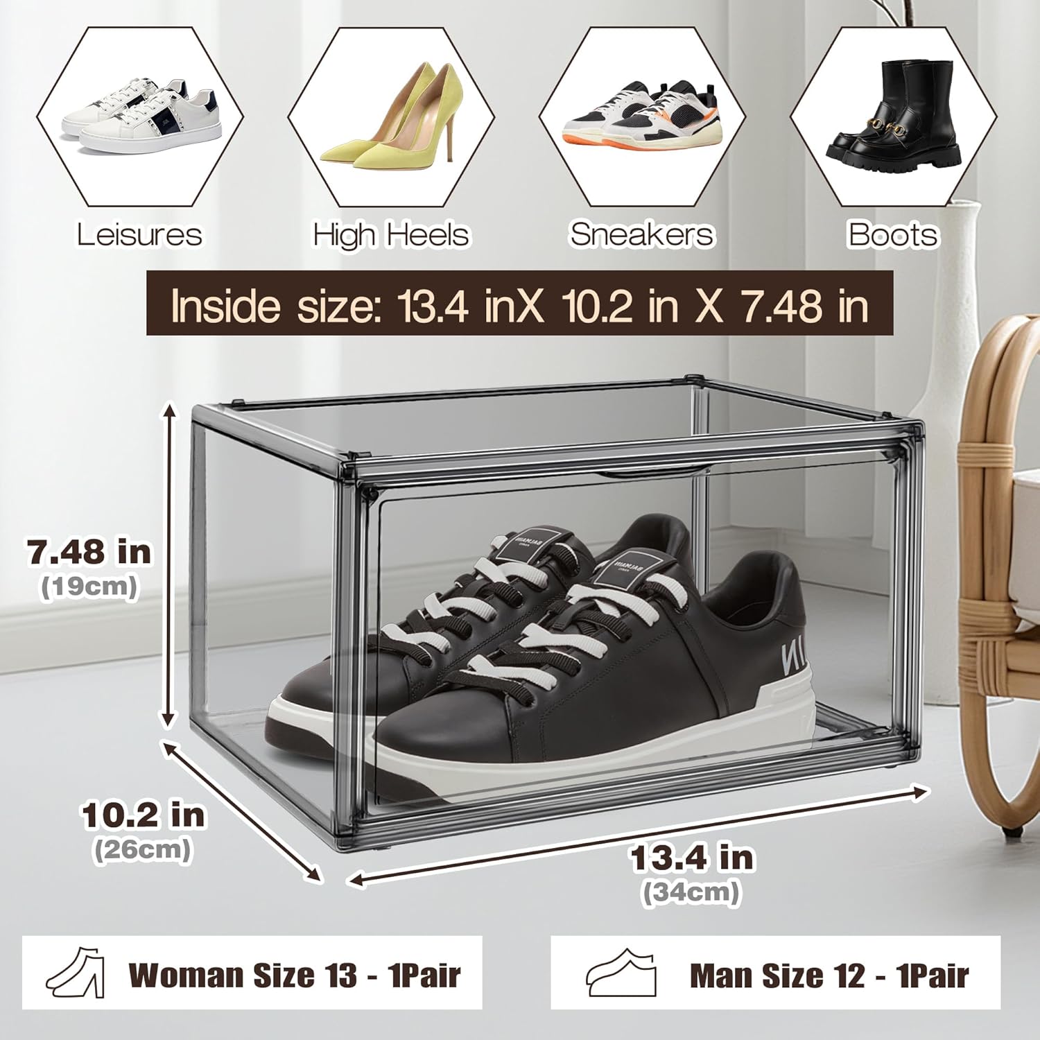2 Pack Shoe Organizers Storage Boxes for Closet Clear Plastic Stackable Shoe Box Storage Bins with Lids, Under Bed Shoe Containers for Entryway, Size 12 Gray