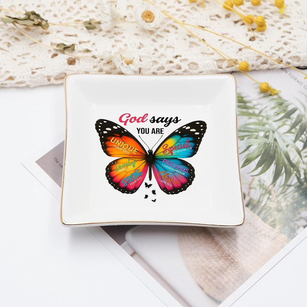 Christian Bible Verse Jewelry Dish Gift for Women, Butterfly Religious 4" Ceramic Jewelry Tray, Christian Gifts for Mom, Daughter, Friends - Birthday, Confirmation, Catholic Gift for Her, Teen Girls
