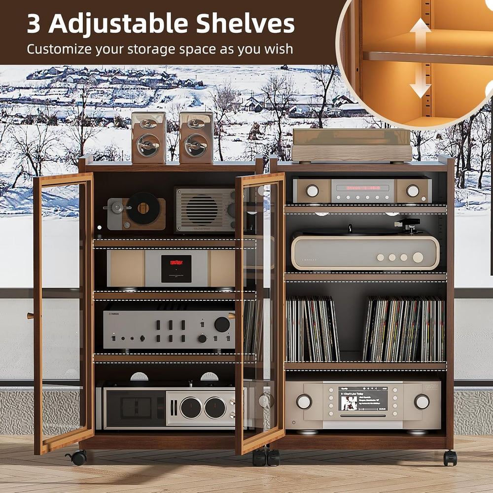 Media Cabinet with LED Lights and Glass Door, Metal Stereo Cabinet Brown